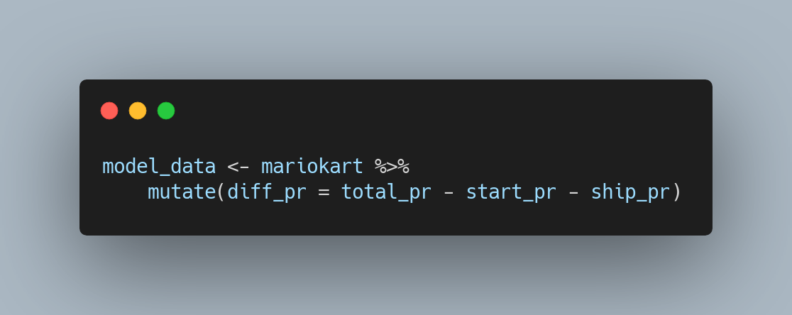 A snippet of code that calculates the price increase for a set of Ebay auctions. The formula is diff_pr = total_pr - start_pr - ship_pr. This is the total price of the auction minus the starting price, minus the shipping price.