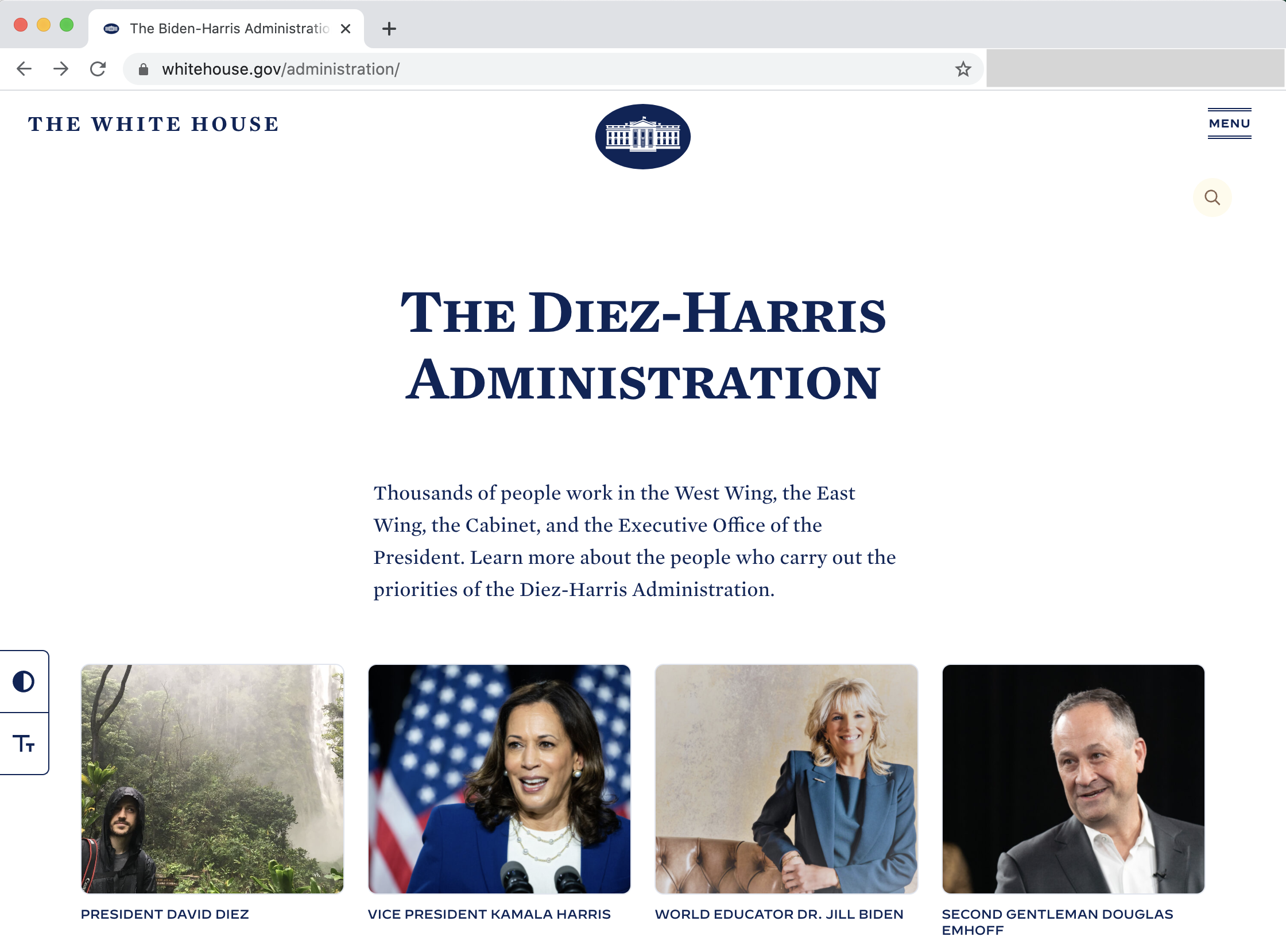 A screenshot of an altered version of whitehouse.gov shows David Diez as the President of the United States (POTUS). This is an example motivating our decision to not trust screenshots.